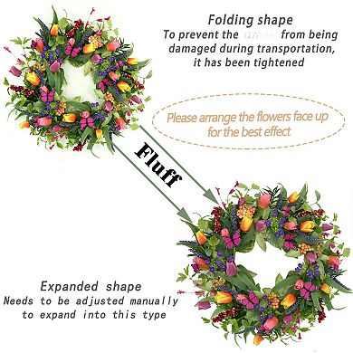 22" Spring Summer Tulip Wreath with Tassels Eucalyptus Ferns Butterflies