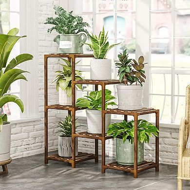 7 pots Tiered Wood Plant Stand Corner Rack for Patio Garden Window