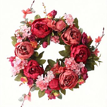 15.7inch Artificial Peony Wreath Rose Green Leaves Spring Summer Wedding Decor