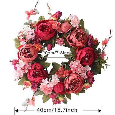 15.7inch Artificial Peony Wreath Rose Green Leaves Spring Summer Wedding Decor