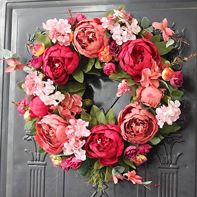 15.7inch Artificial Peony Wreath Rose Green Leaves Spring Summer Wedding Decor