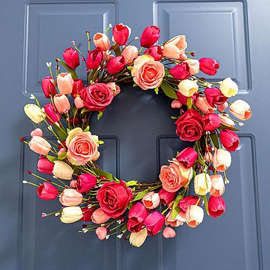 20" Wreath Roses Tulips Front Door Decor Wedding Mother Festival