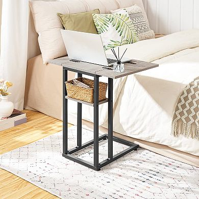 Foldable C-Shaped Side Table with Storage Shelf for Living Room Bedroom
