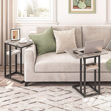 Foldable C-Shaped Side Table with Storage Shelf for Living Room Bedroom