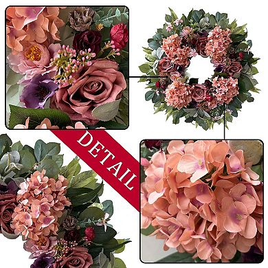 24" Spring Hydrangea Wreath with Roses Peonies for Door Home Wedding