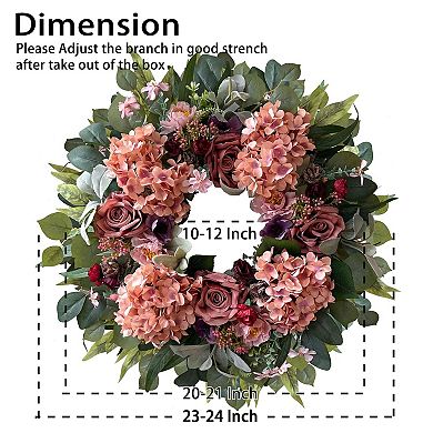 24" Spring Hydrangea Wreath with Roses Peonies for Door Home Wedding