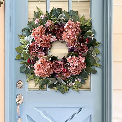 24" Spring Hydrangea Wreath with Roses Peonies for Door Home Wedding