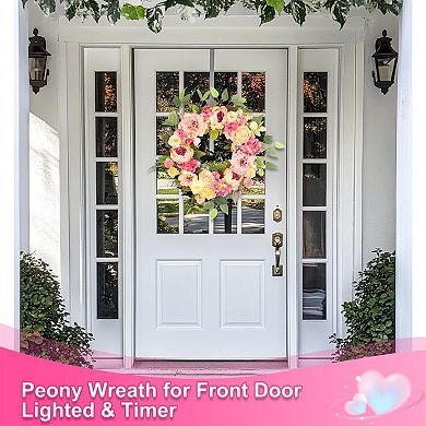 22" Lighted Spring Peony Wreath with Timer for Door Wall Wedding Decor