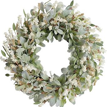 24" Summer Spring Wreath Lamb Ears White Flowers Rustic Farmhouse