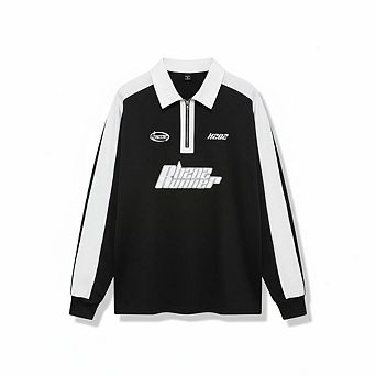 Letter Print Color Block Long Sleeve Polo Shirt