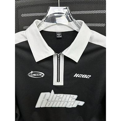 Letter Print Color Block Long Sleeve Polo Shirt