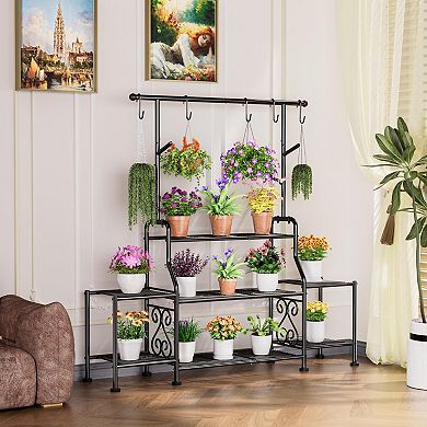 3-Tier Metal Plant Stand with Hooks for Patio Garden Display