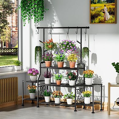 3-Tier Metal Plant Stand with Hooks for Patio Garden Display