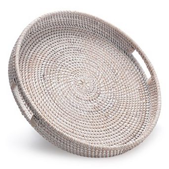 13.8",Rattan Round Serving Tray Hand Woven Basket with Handles
