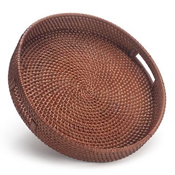 13.8",Rattan Round Serving Tray Hand Woven Basket with Handles