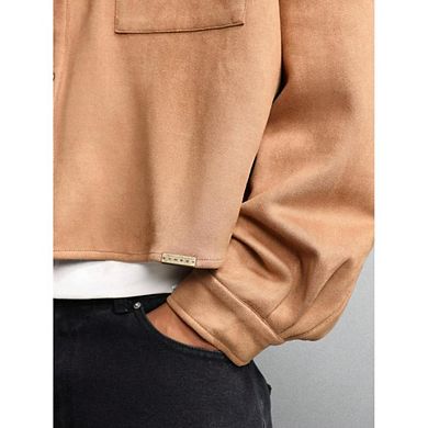 Oversized Cropped Long Sleeve Button Down Shirt with Pockets