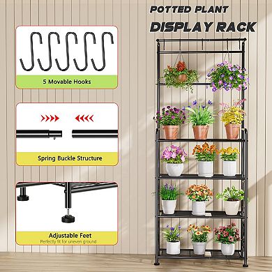 Metal 4-Tier Plant Stand with Hooks Adjustable Feet