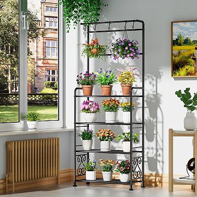 Metal 4-Tier Plant Stand with Hooks Adjustable Feet