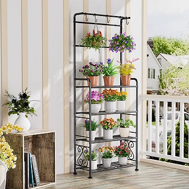 Metal 4-Tier Plant Stand with Hooks Adjustable Feet