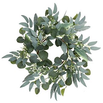 15" Eucalyptus Wreath White Flowers Spring Summer Door Wall Decor