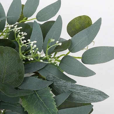 15" Eucalyptus Wreath White Flowers Spring Summer Door Wall Decor