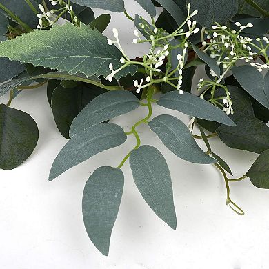 15" Eucalyptus Wreath White Flowers Spring Summer Door Wall Decor
