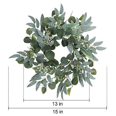15" Eucalyptus Wreath White Flowers Spring Summer Door Wall Decor