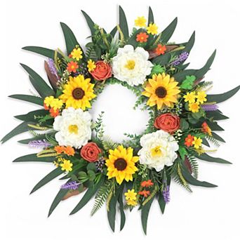 24" Sunflower Peony Eucalyptus Wreath Summer Spring Fall Door Decor