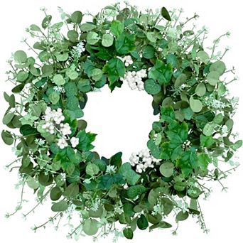 24" Spring Eucalyptus Wreath with White Berry Maple Leaf All Seasons