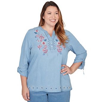 Plus Size Alfred Dunner Floral Embroidered Tie Sleeve Henley Top