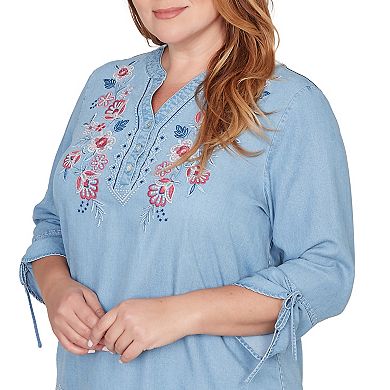 Plus Size Alfred Dunner Floral Embroidered Tie Sleeve Henley Top