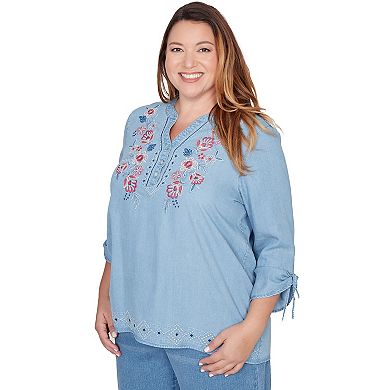 Plus Size Alfred Dunner Floral Embroidered Tie Sleeve Henley Top
