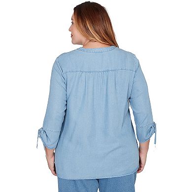 Plus Size Alfred Dunner Floral Embroidered Tie Sleeve Henley Top