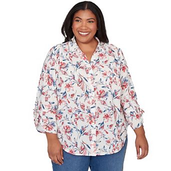 Plus Size Alfred Dunner Etched Floral Butterfly Button-Down Top