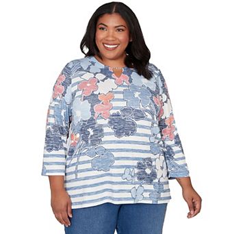Plus Size Alfred Dunner Stripe Floral Split Neck Knit Top