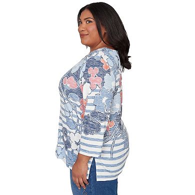 Plus Size Alfred Dunner Stripe Floral Split Neck Knit Top