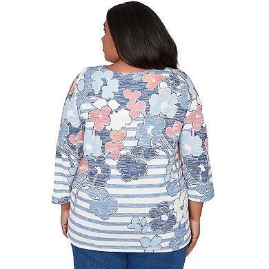 Plus Size Alfred Dunner Stripe Floral Split Neck Knit Top
