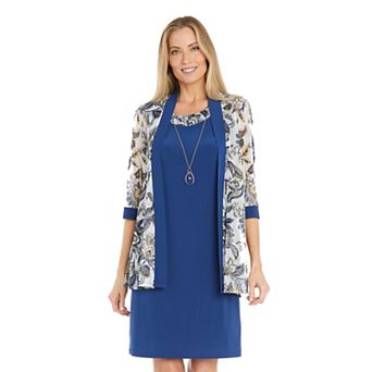 Women's R&M Richards 2 pc Solid Sheath Dress & Printed Mesh Jacket Set with Necklace