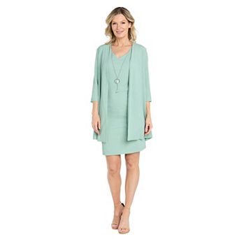 Women's R&M Richards 3 pc Crinkle Knit Jacket Dress with Necklace