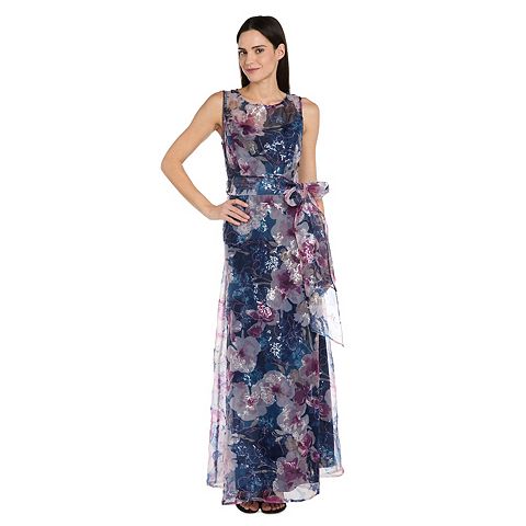 Женские платья R&M Women's R&M Richards Sequin Floral Organza Illusion-Neckline Gown