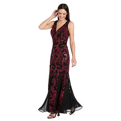 Petite R&M Richards Sequined Corded Lace V-Neck Gown with Mesh Godets