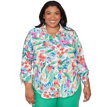 Plus Size Alfred Dunner Tropical Print Tie Sleeve Button Front Top