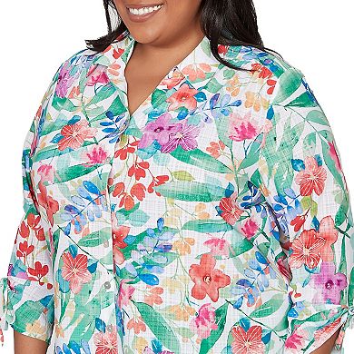 Plus Size Alfred Dunner Tropical Print Tie Sleeve Button Front Top