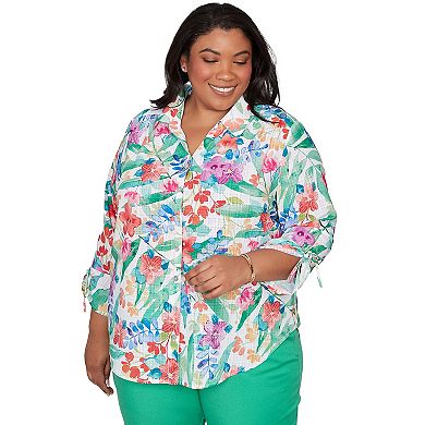 Plus Size Alfred Dunner Tropical Print Tie Sleeve Button Front Top