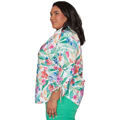 Plus Size Alfred Dunner Tropical Print Tie Sleeve Button Front Top