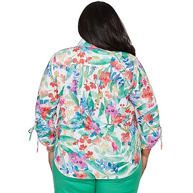 Plus Size Alfred Dunner Tropical Print Tie Sleeve Button Front Top