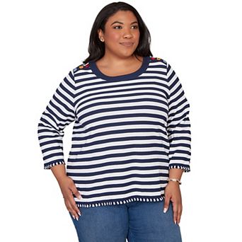 Plus Size Alfred Dunner Pique Stripe Button Detail Top