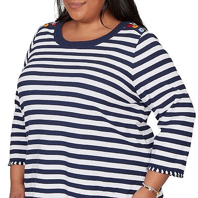 Plus Size Alfred Dunner Pique Stripe Button Detail Top