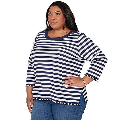 Plus Size Alfred Dunner Pique Stripe Button Detail Top
