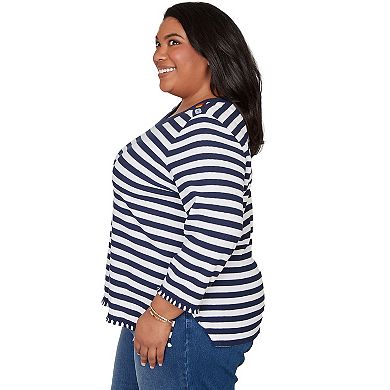 Plus Size Alfred Dunner Pique Stripe Button Detail Top